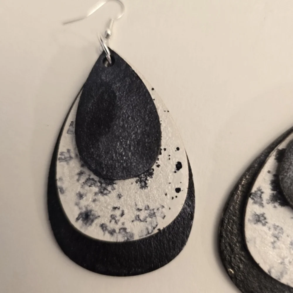 HANDCRAFTED Wood Layered Teardrop Earrings HANDMADE HAND PAINTED Dangle Earrings